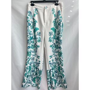 Everlynn Paisley Floral Wide Leg Trousers Pants Size L White Blue High Waisted
